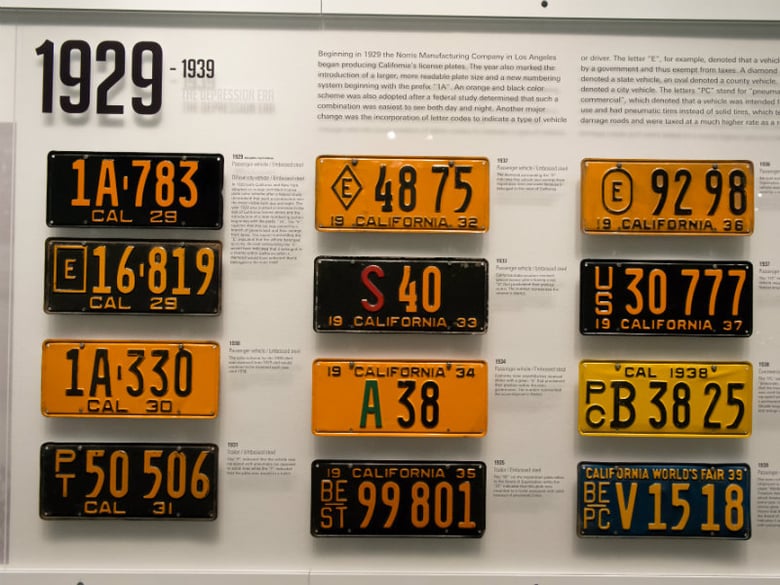Historic California license plates on display at the Petersen Automotive Museum in Los Angeles. 